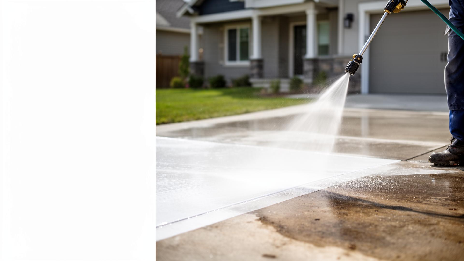 Pressure washing a driveway showing the dramatic before-and-after